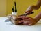 Person cutting a homemade bread, handmade, with natural products. Real food