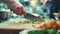 A person cutting vegetables on a wooden board with knife, AI