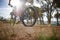 Person, cyclist and mountain bicycle for exercise, training and energy for rider, cycling and sport. Outdoor, hobby and