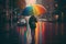 person, dashing through rainy streets, with rainbow umbrella and soggy surroundings