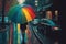 person, dashing through rainy streets, with rainbow umbrella and soggy surroundings