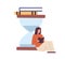 Person developing skill of speed-reading. Scene with woman sitting with book near hourglasses. Colored flat vector