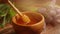 A person is dipping wooden spoon in honey. Golden fresh honey is pouring from stick. Organic beekeeping. Concept of