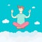 A person does yoga in the sky with clouds. The yogi sits in Padmasana in the Lotus position, meditates, relaxes, calms