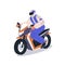 Person driving electric motorcycle, eco-friendly bike. Driver in safety helmet, riding ecological e-vehicle. Biker on