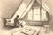 person, enjoying peaceful moment in tranquil attic, pencil sketch on vintage paper