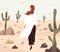 Person feeling lost and alone, wandering in desert. Concept of even boring monotonous life. Woman walking her path in