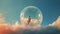 A person floating in a bubble in the sky with clouds