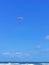 A person flying a orange paraglider in the blue sky over the sea.