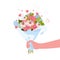 Person giving flowers bouquet. Romance and gift concept. Vector