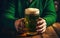 A person in green knitted sweater. Two photorealistic hands holding a pint of beer, close up. AI Generative