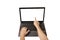 Person hand with forefinger pointing at laptop screen isolated o
