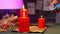 Person hand lights red wax candles using long blue lighter