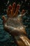 person hand splashing water drops at lake or river, human palm splash aqua