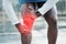 Person, hands and knee injury in sports accident, training or muscle inflammation from outdoor workout. Closeup of