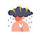 Person with head in a cloud with lightning icon, concept of psychological crisis, fatigue, teenage growing up problems