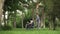 A person helping to a disabled man. Man is taking care of disabled and helping him to relax in the park in his
