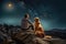 A person with his golden retriever pet looking a starry sky