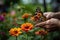 a person holding a butterfly on a bunch of flowers. Generative Ai