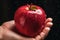 A person holding a fresh apple in their hand, showcasing the beauty and simplicity of a ripe fruit, Close-up of a hand holding