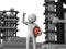 A person holding a helmet in his arm and raising his fist. He is a reliable industrial engineer. Factory chimney in the background