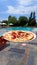 A person holding a pizza in front of a swimming pool
