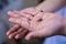 Person holding a tiny crab on the surface of the palm