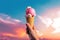 a person holding up a pink ice cream cone in the sunny sky, in the style of lush colors, eye-catching composition