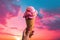 a person holding up a pink ice cream cone in the sunny sky, in the style of lush colors, eye-catching composition