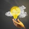 Person holding a yellow light bulb with cloud sketches AI generated