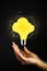 Person holding a yellow light bulb with cloud sketches AI generated