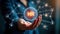 Person holds glowing HR symbol in palm. Digital network connects HR with tech symbols like recruitment, growth. Modern HR tech