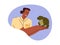 Person holds a green big frog in hands, toad is sitting on the owner's arms, vector cartoon pet reptile amphibian