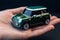 A person holds in hand a scaled model of green car. Concept of buying a dream car. Generative ai