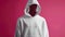 Person with invisible face wearing white hoodie on magenta background
