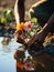 A person kneeling in the water holding a flower, AI