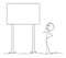 Person Looking at Empty Sign or Billboard, Vector Cartoon Stick Figure Illustration