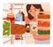 Person looking inside fridge. Woman opening, checking home refrigerator with food products, ingredients, choosing eating
