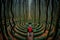 Person is looking for way out of psychedelic maze. A surreal labyrinth in magical forest. Human consciousness is at dead