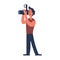 Person man with photo camera vector illustration. Male professional photographer and cartoon human photograph standing. Character