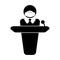 Person with mask giving speech announcement behind podium. Simple black and white stick figure illustration EPS Vector