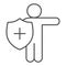 Person with medical shield thin line icon. Protection against virus with hygiene shield symbol, outline style pictogram