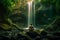 Person meditating in front of waterfall in deep forest, generative AI