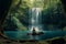 Person meditating in front of waterfall in deep forest, generative AI