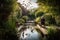 person, meditating in garden with peaceful water feature and birds