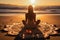 Person meditating in a sacred geometric mandala drawn on a sandy beach