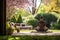 a person meditating in a serene garden with a buddha statue