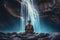 Person meditation waterfall. Generate Ai