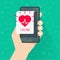 Person monitoring heart beat rate and blood pressure app via mobile cell phone vector flat cartoon, man tracking or