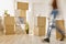 Person moving fast among plenty of boxes